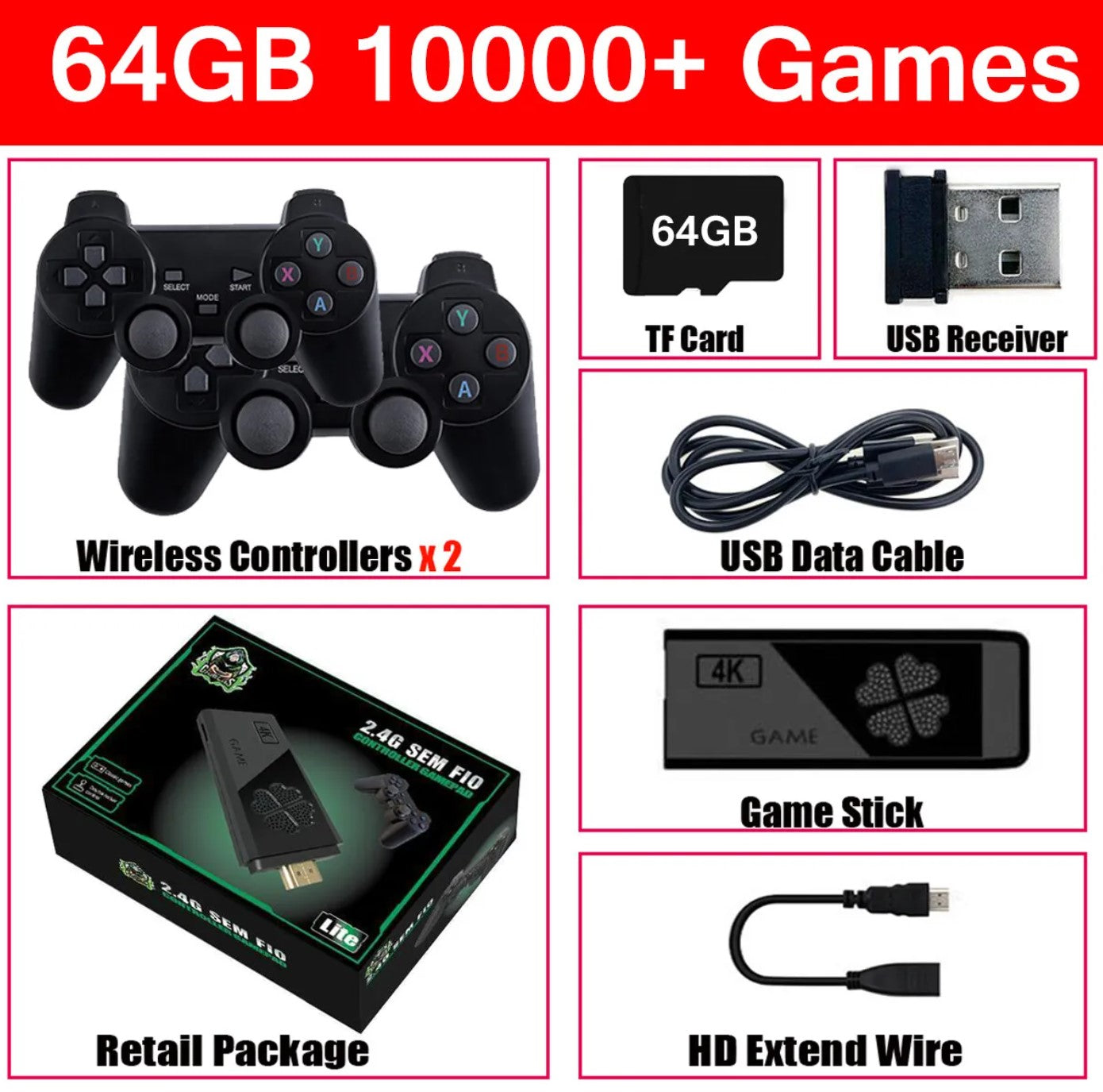 HDMI 4K Retro Game Stick Console – 64GB with 20,000+ Classic Games & 2 Wireless Controllers