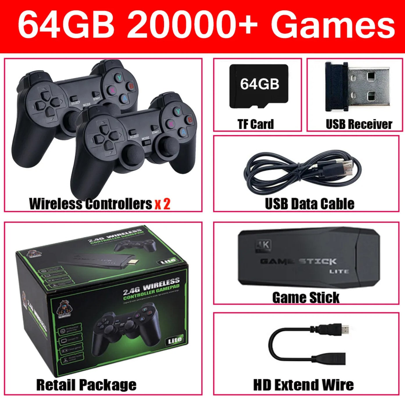 HDMI 4K Retro Game Stick Console – 64GB with 20,000+ Classic Games & 2 Wireless Controllers