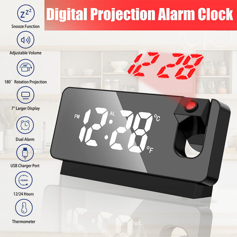 7.8-Inch Digital LED Alarm Clock with Projector: Temperature & Time Projection, USB Monitor