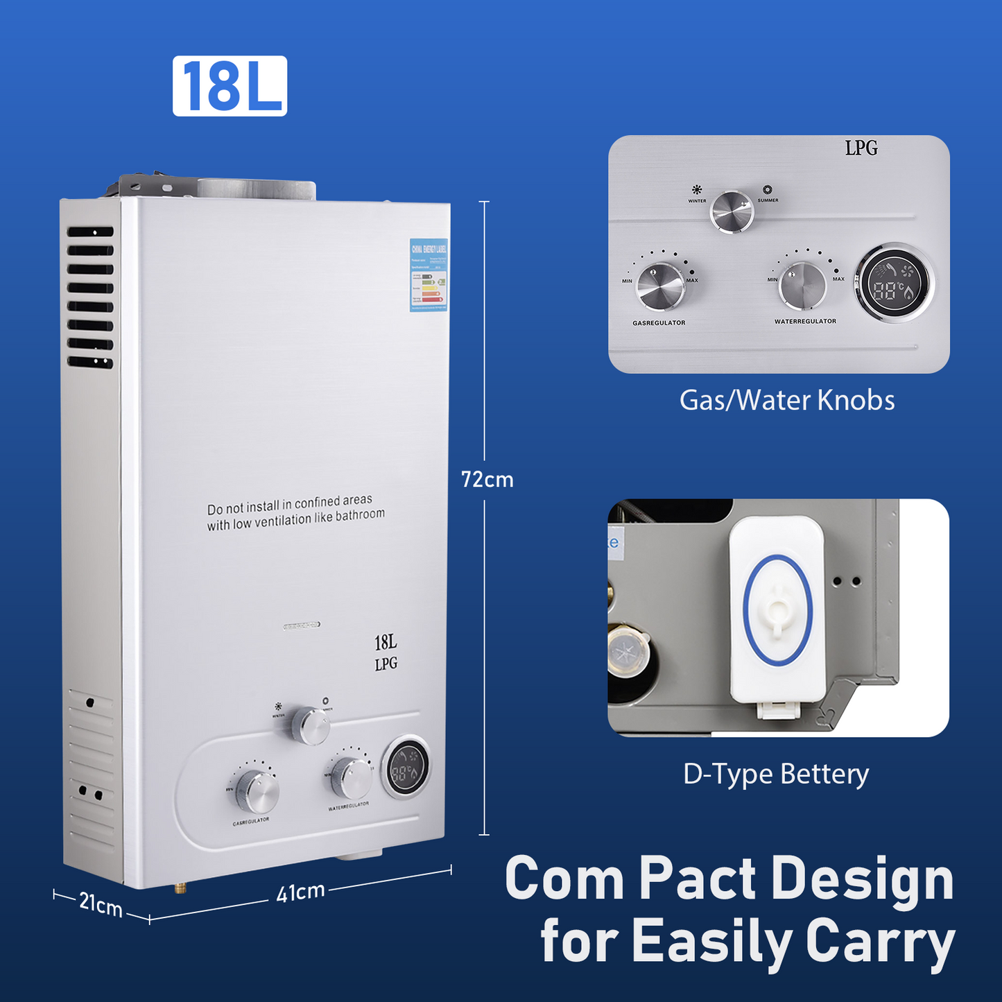 18L Propane Gas Hot Water Heater Instant Boiler (Tankless)