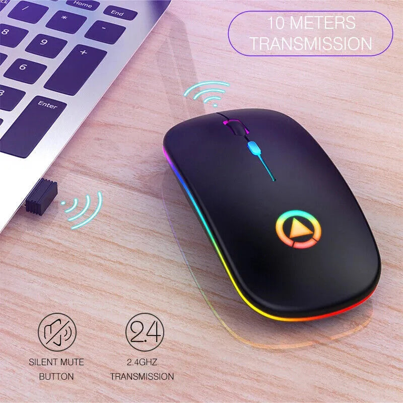 2.4GHz USB Rechargeable Wireless Optical Mouse with RGB Lighting, Cordless Design for PC and Laptop