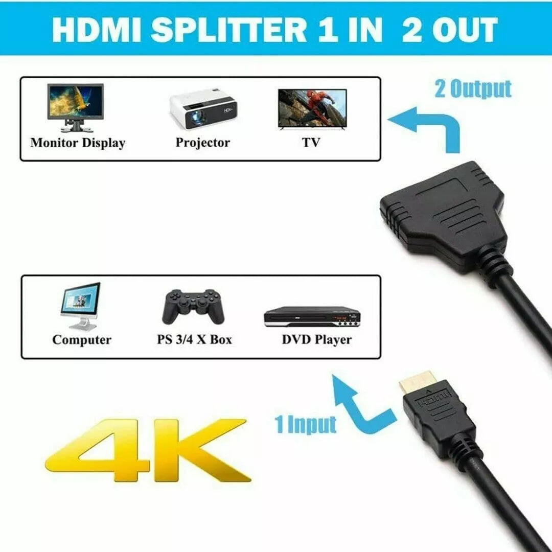 4K HDMI Splitter Adapter 2.0 - 1 Male to 2 Female Converter, 1 Input 2 Outputs