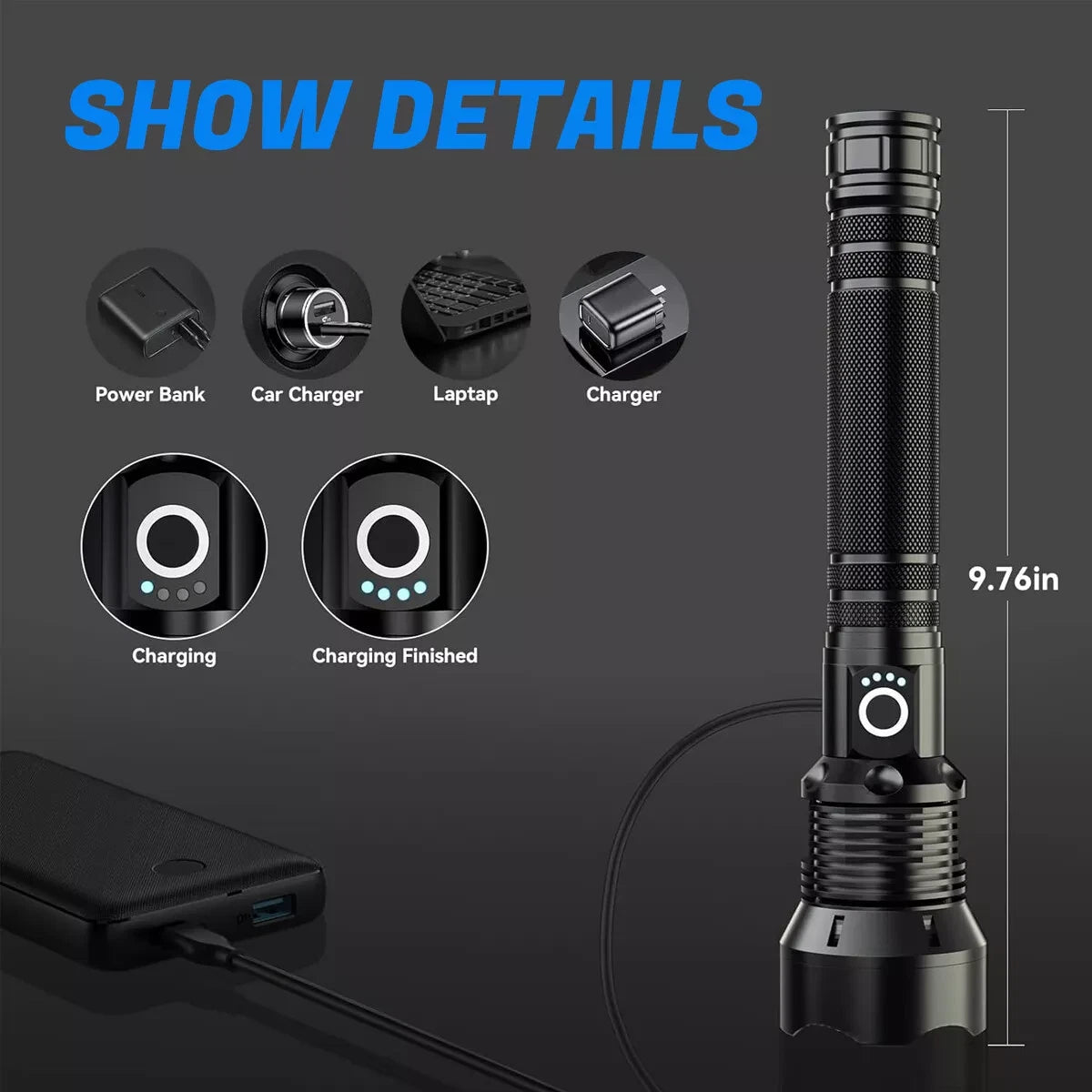 Super Bright LED Flashlight – XHP50.2, USB-C Rechargeable, 1000M Beam, Waterproof