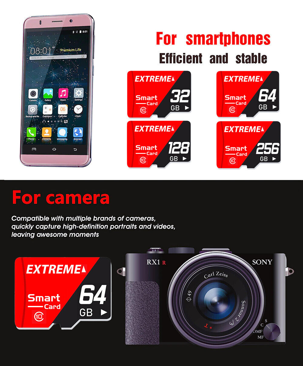 Ultra Class 10 Micro SD Card with High-Speed Memory, Available in 32GB/64GB/128GB/256GB Capacities