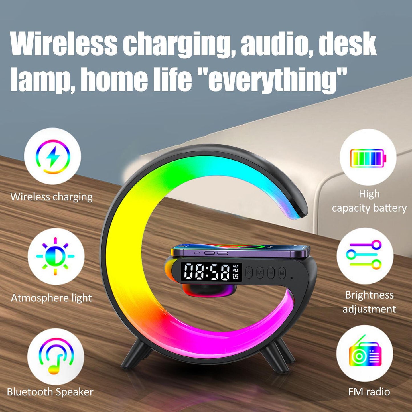 Bluetooth Speaker Wireless Charger RGB Alarm Clock LED Night Light