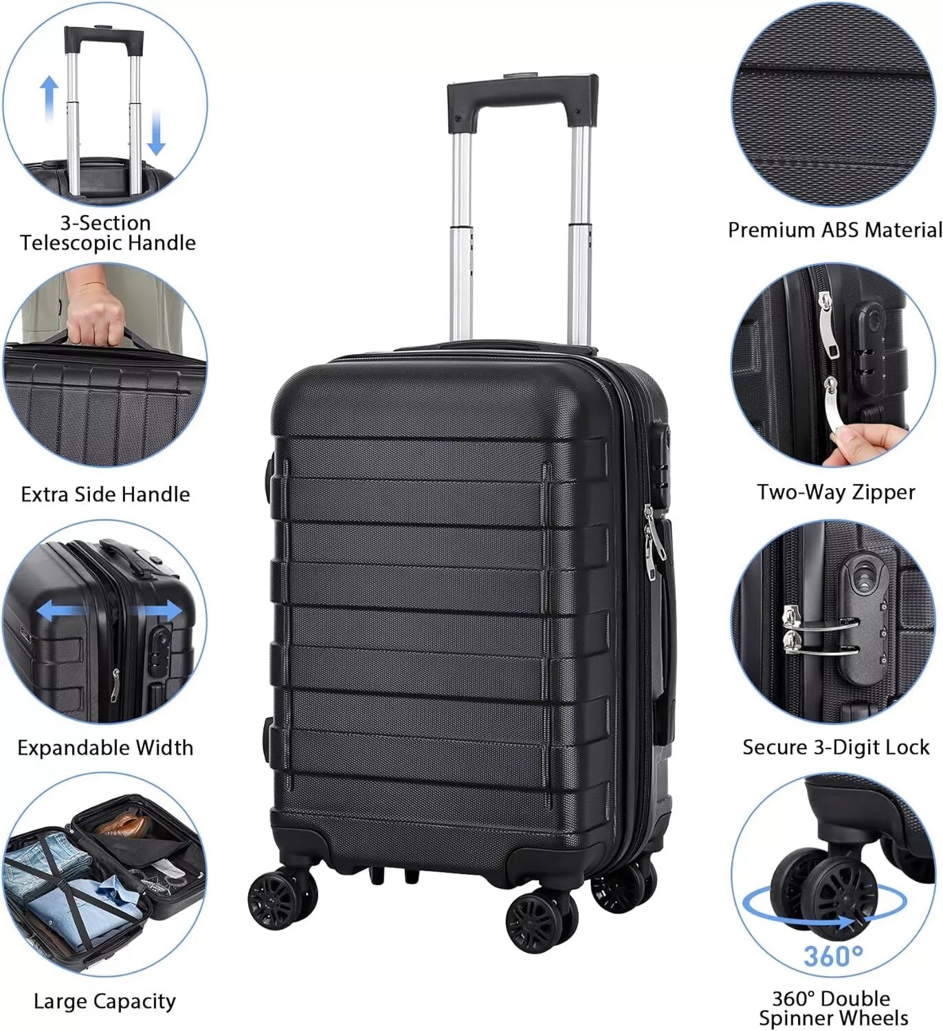 22" Black Hardside Carry-On Spinner Suitcase - Expandable Luggage with Wheels