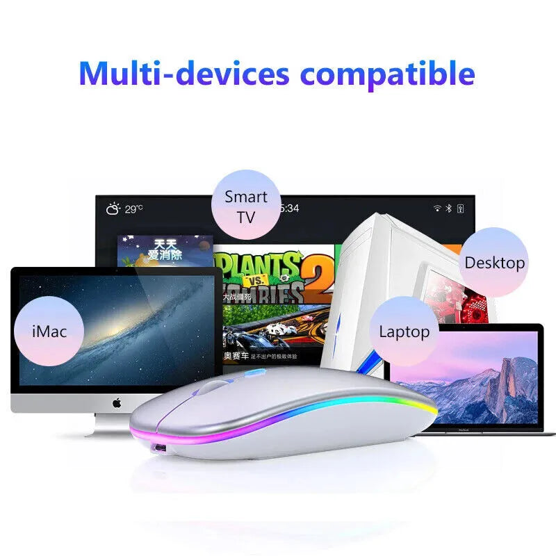 2.4GHz USB Rechargeable Wireless Optical Mouse with RGB Lighting, Cordless Design for PC and Laptop