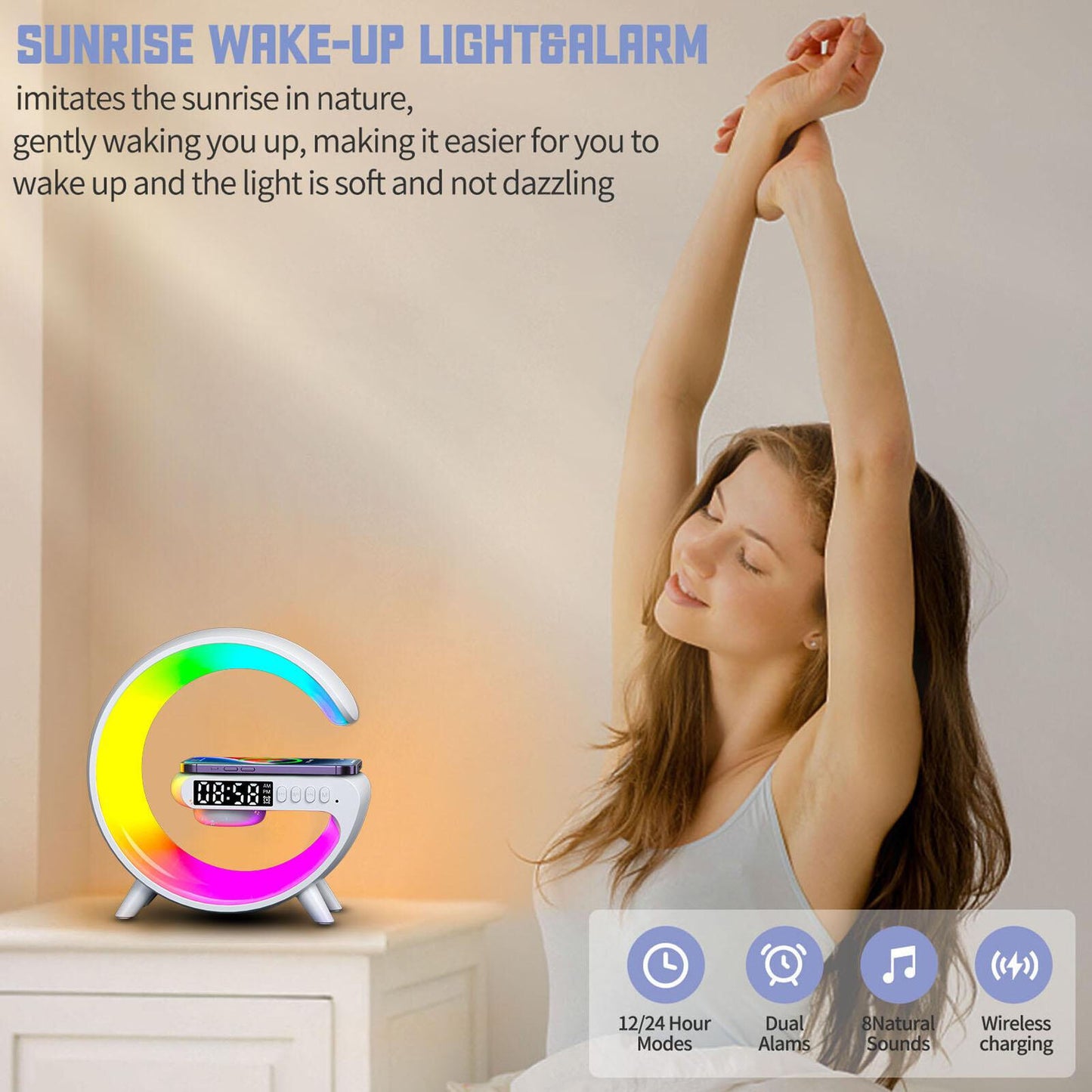 Bluetooth Speaker Wireless Charger RGB Alarm Clock LED Night Light