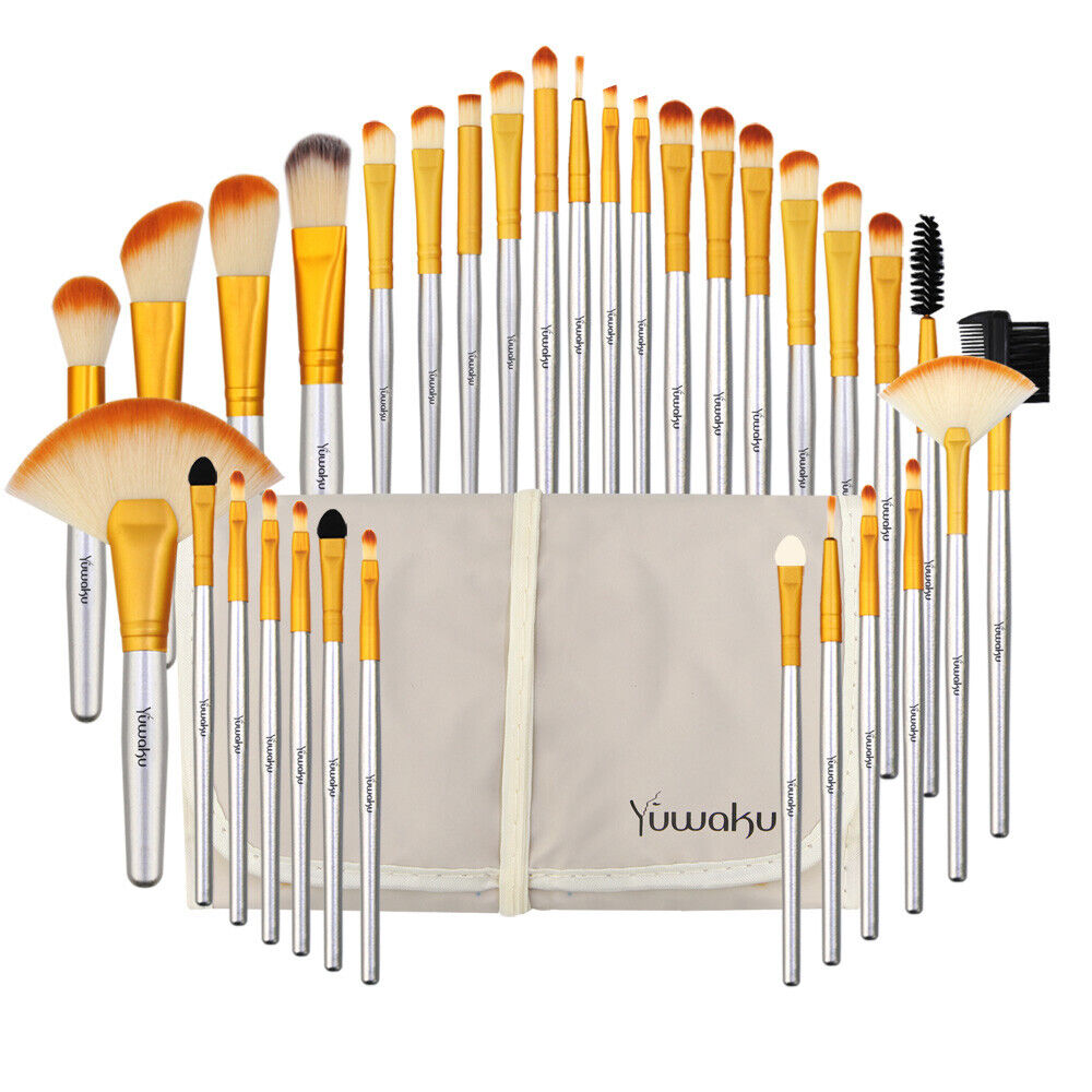 32-Piece Professional Makeup Brush Set with Leather Case – Soft Natural Hair Brushes for Eyes, Face & Lips – Perfect for Beginners & Makeup Artists