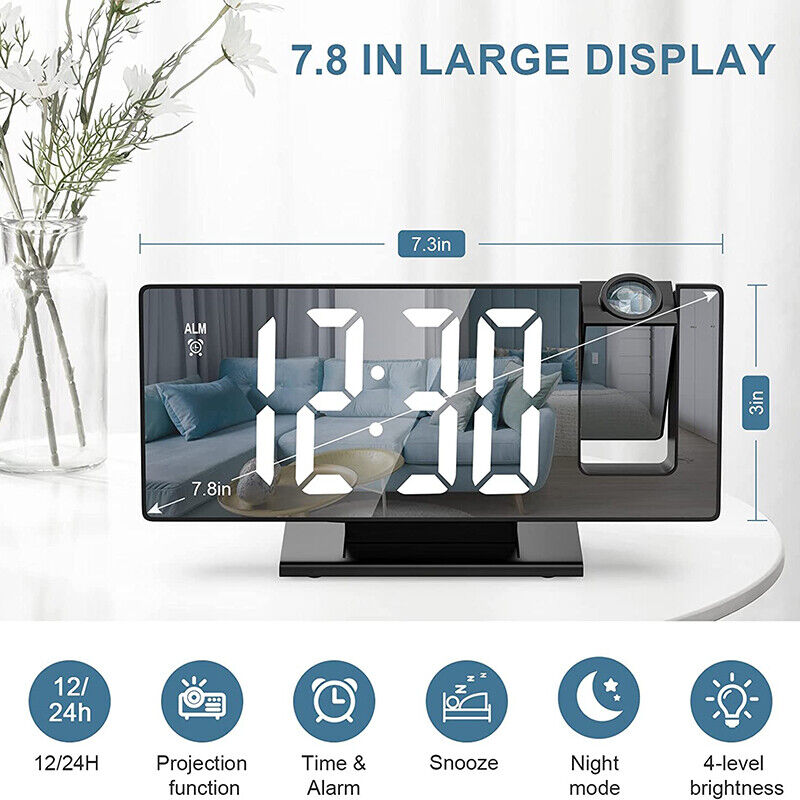 7.8-Inch Digital LED Alarm Clock with Projector: Temperature & Time Projection, USB Monitor