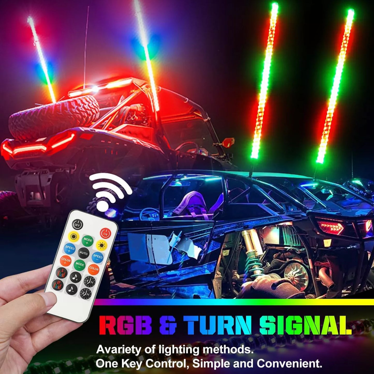 3FT Spiral LED Whip Antenna with Flag & Remote – RGB Light for ATV, UTV, Polaris RZR, Can-Am
