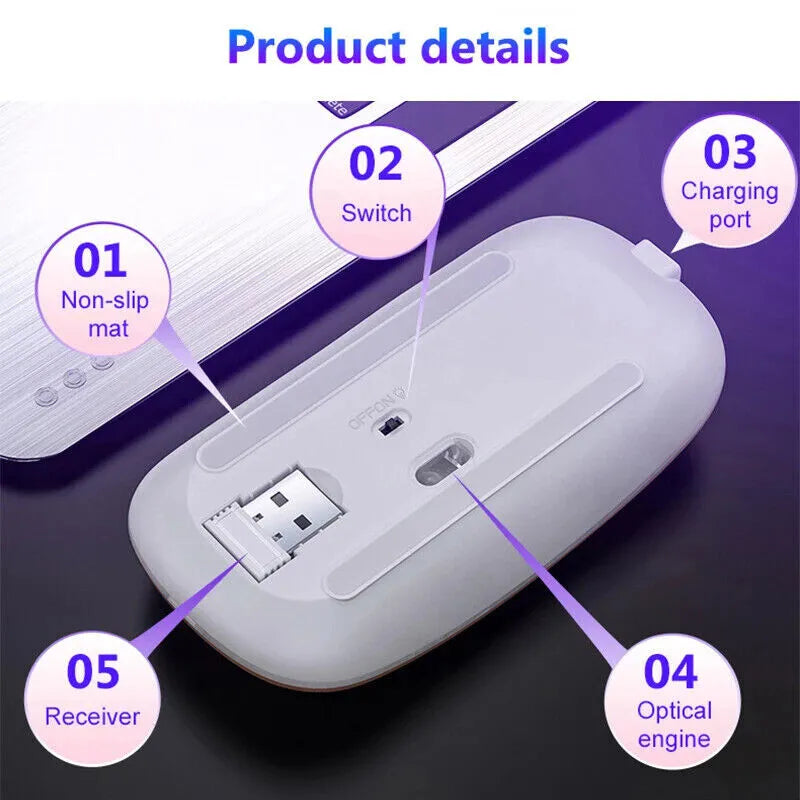 2.4GHz USB Rechargeable Wireless Optical Mouse with RGB Lighting, Cordless Design for PC and Laptop