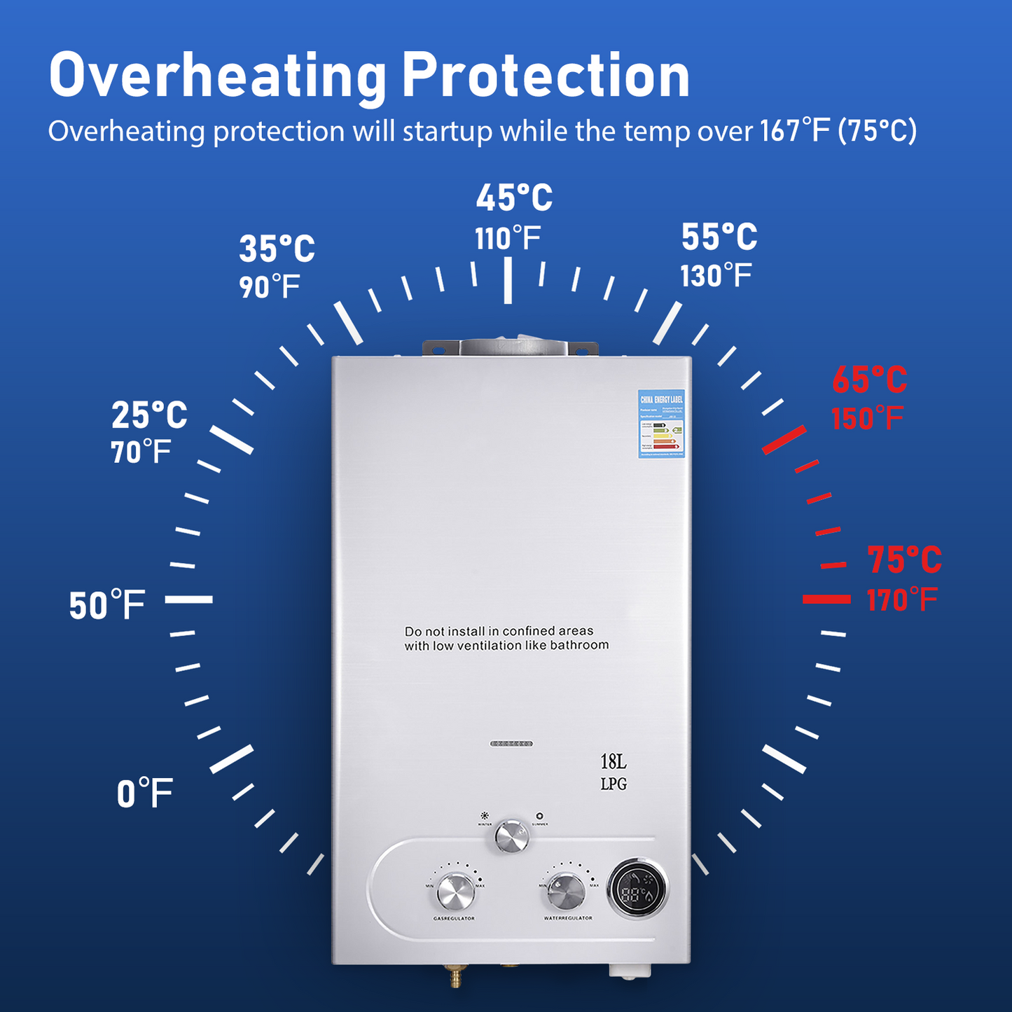 18L Propane Gas Hot Water Heater Instant Boiler (Tankless)