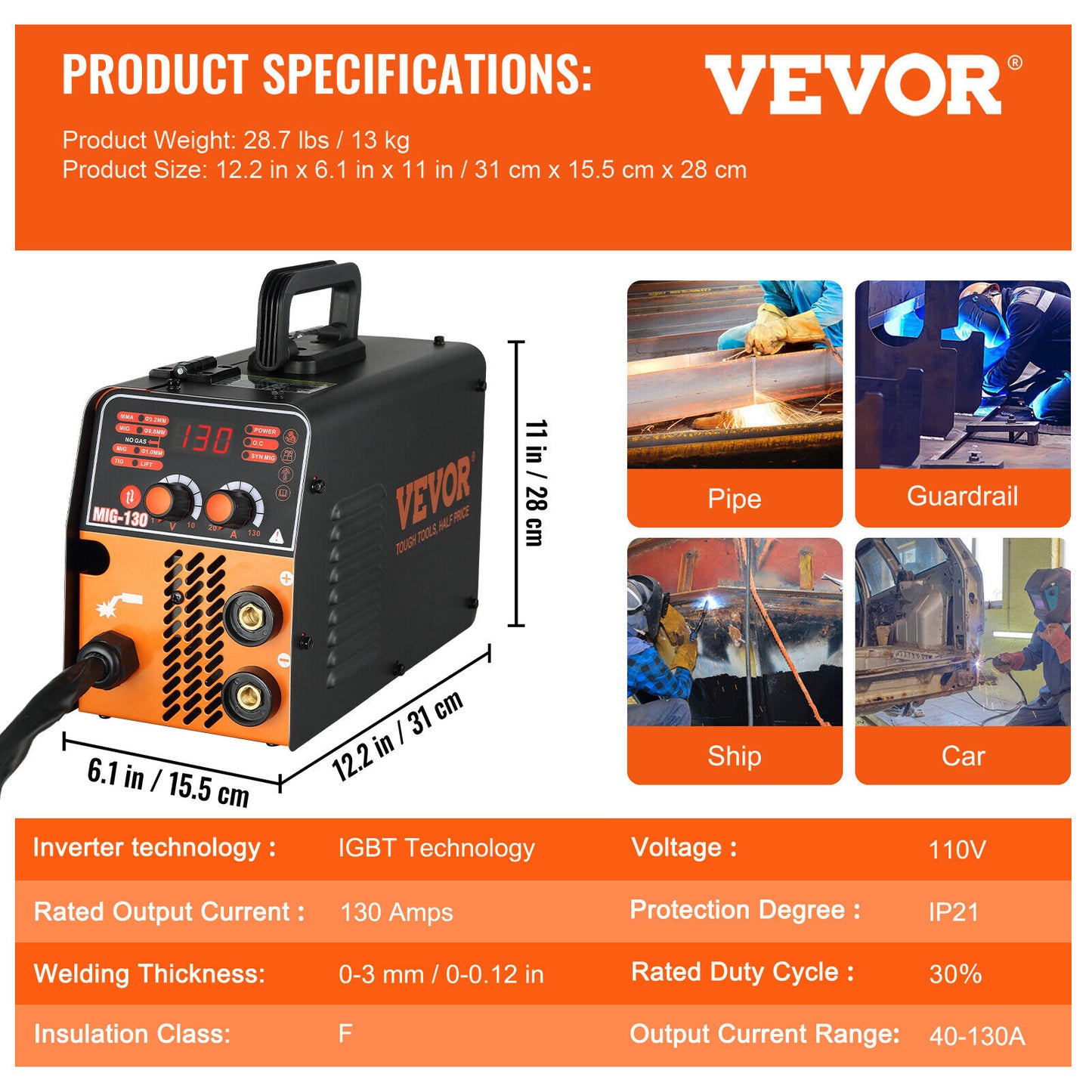 Professional MIG Welder: 130A Flux Core 3 in 1 MMA/MIG/LIFT TIG Welder