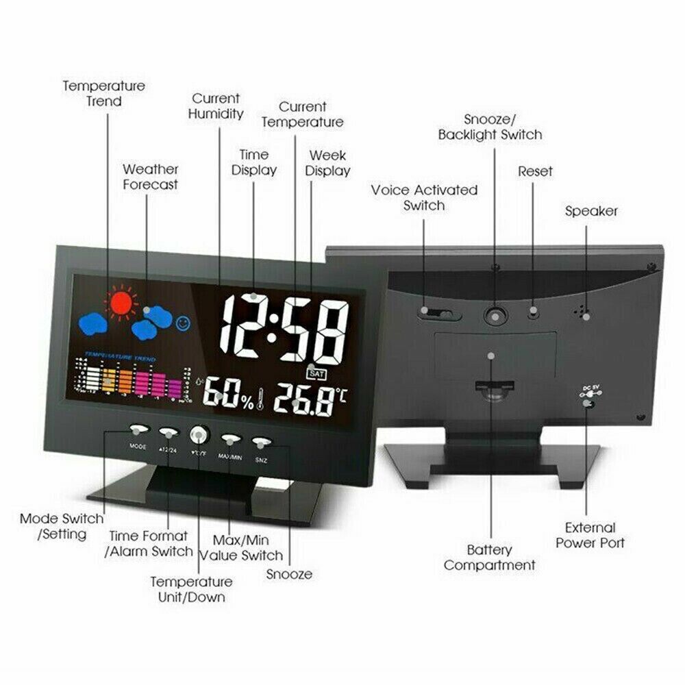 Digital LED Alarm Clock with Snooze, Calendar, Thermometer & Hygrometer