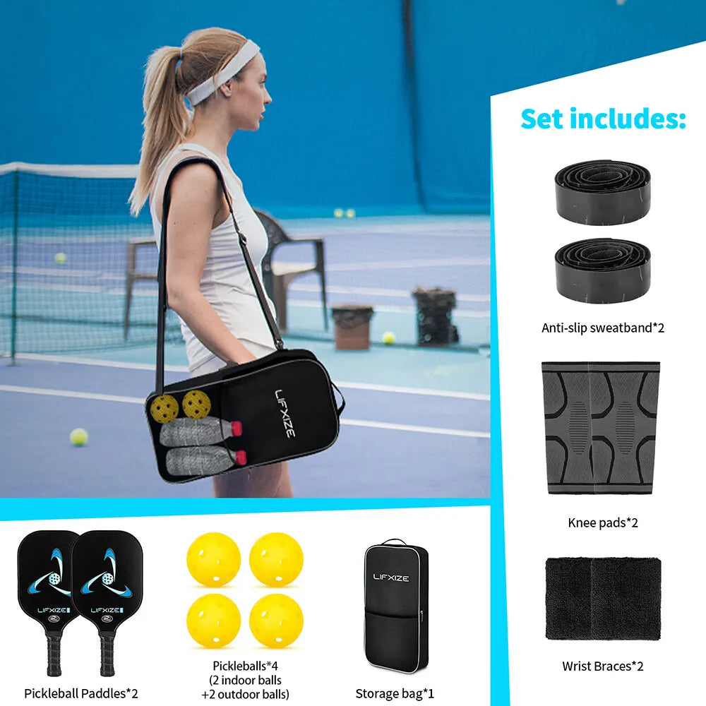 Fiberglass Pickleball Paddle Set - 2 Pack Racquets with Pickle Balls Racket Kit