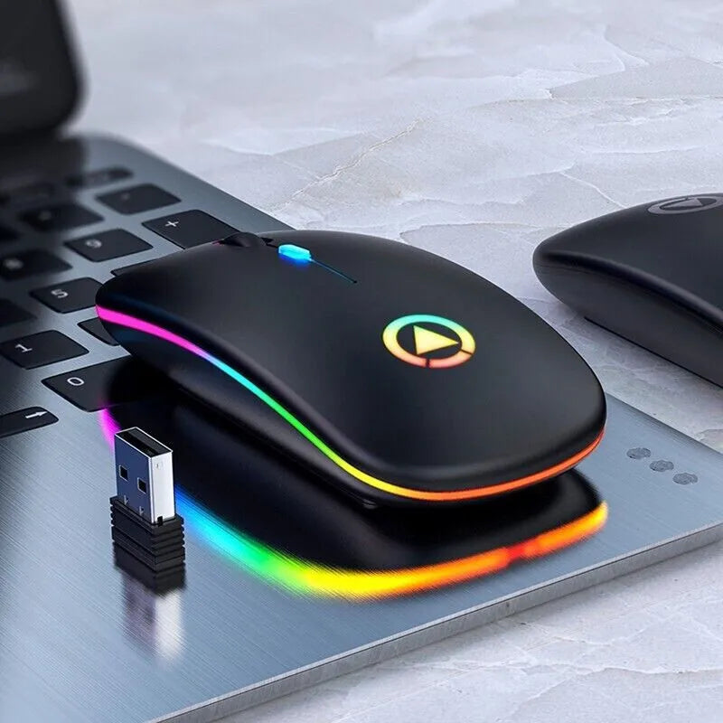 2.4GHz USB Rechargeable Wireless Optical Mouse with RGB Lighting, Cordless Design for PC and Laptop