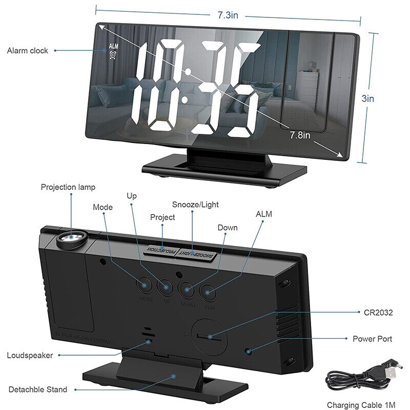 7.8-Inch Digital LED Alarm Clock with Projector: Temperature & Time Projection, USB Monitor