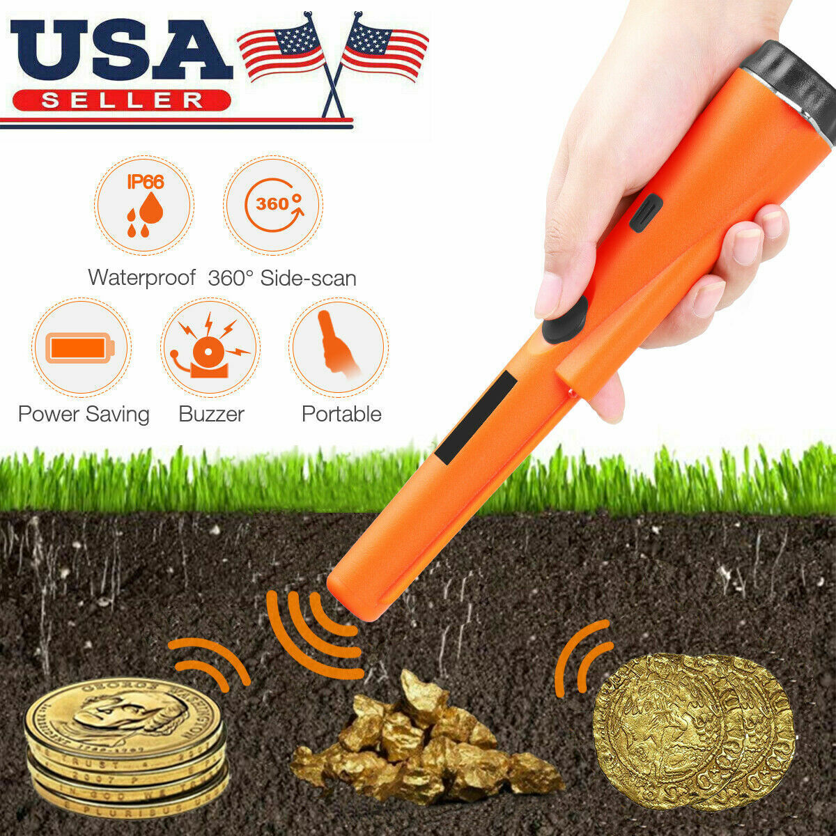 Handheld Metal Detector with 360° Detection, LED Light & Vibration Alerts – Waterproof Pinpointer Tool for Treasure Hunting, Soil Search, and Security Use