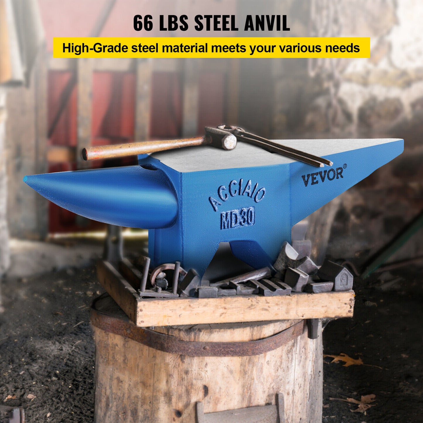 Premium Steel Anvil Blacksmith: 66 lb Forged Steel 30kg Heat Treated Long Round Horn