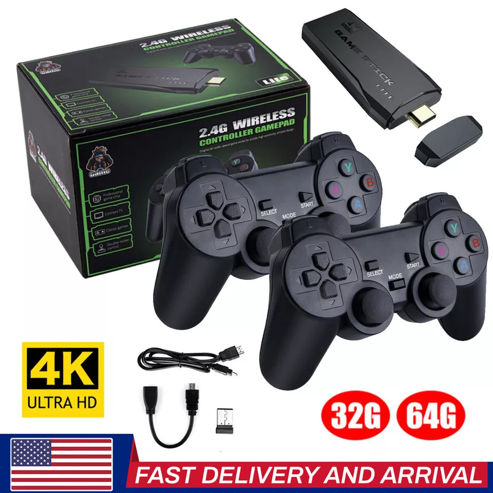 HDMI 4K Retro Game Stick Console – 64GB with 20,000+ Classic Games & 2 Wireless Controllers