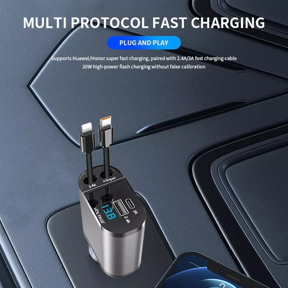 Retractable Car Charger 4 in 1, Fast Car Phone Charger with Cord 2.6ft, USB C and Apple Car Charger Adapter, Compatible with iPhone 16 15/15 Pro Max/14/13/12/11, Galaxy, Pixel