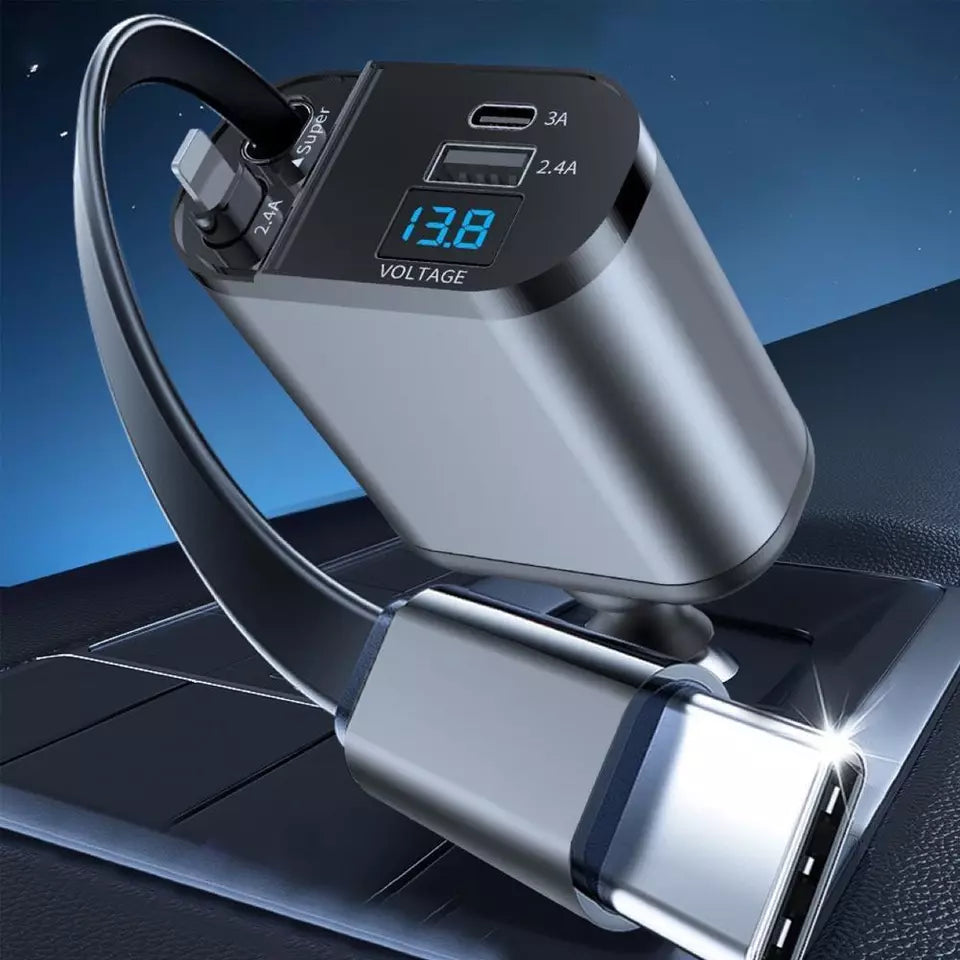 Retractable Car Charger 4 in 1, Fast Car Phone Charger with Cord 2.6ft, USB C and Apple Car Charger Adapter, Compatible with iPhone 16 15/15 Pro Max/14/13/12/11, Galaxy, Pixel
