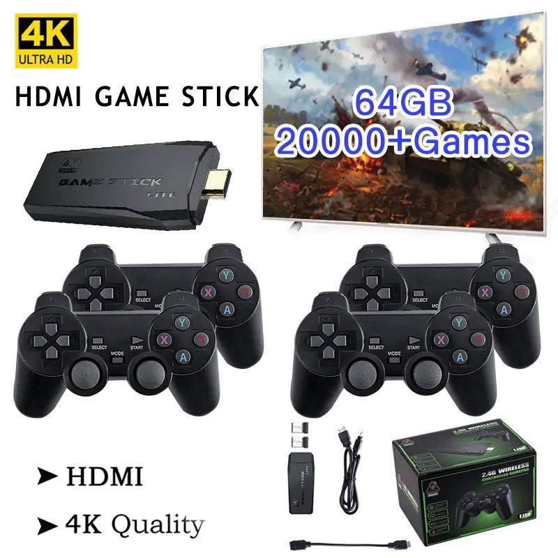 HDMI 4K Retro Game Stick Console – 64GB with 20,000+ Classic Games & 2 Wireless Controllers