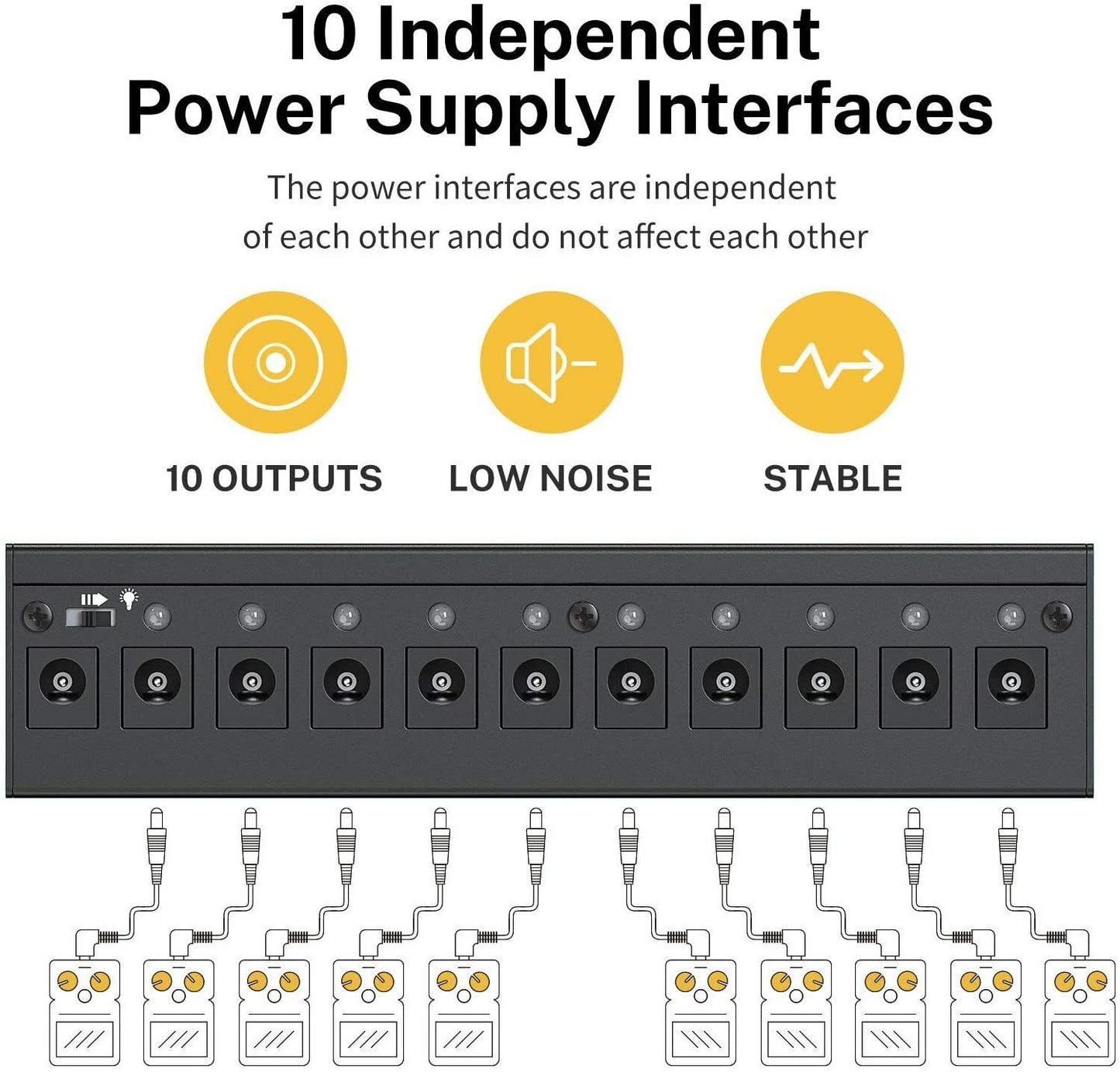 Guitar Pedal Power Supply 10 Isolated Outputs with Short Circuit Protection & 18V Adapter – Silent Portable Power for Effects Pedals
