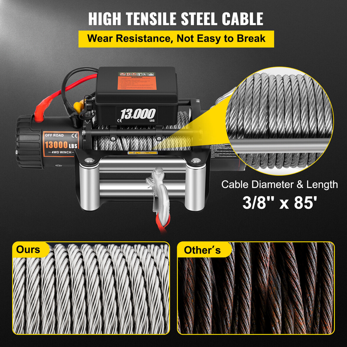 13000LBS Electric Winch 12V 85FT Steel Cable Off-road UTV Truck Towing Trailer