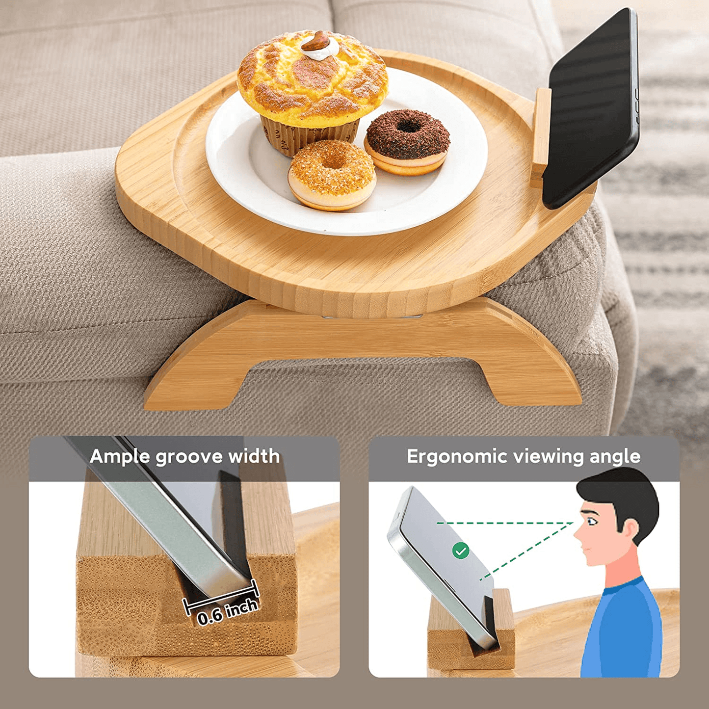 Bamboo Sofa Tray Table Clip on Side Table Couch Arm with 360° Rotating Phone Hol