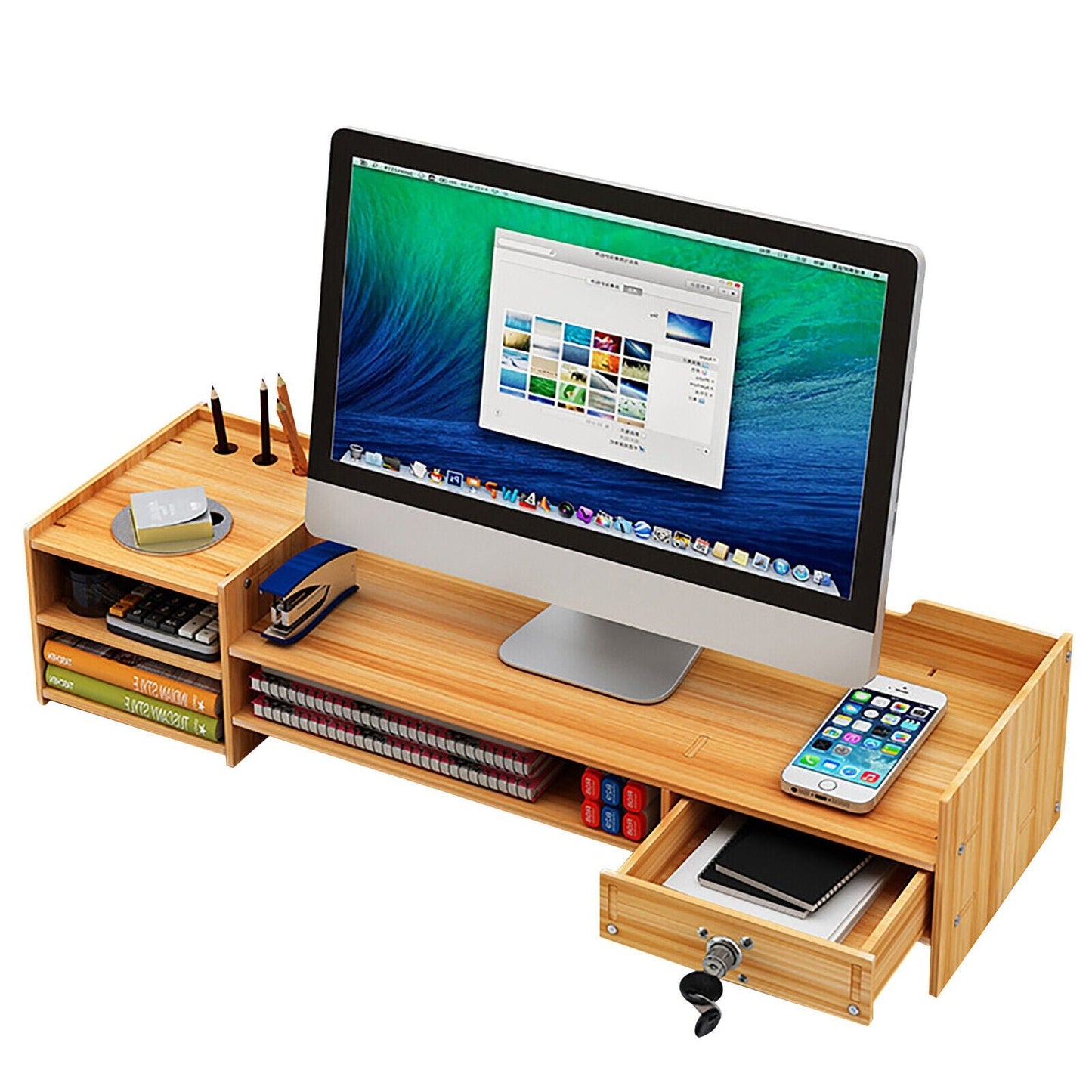 Desk Organizer Home Office Wood Desktop Storage Organizer Computer Holder +Lock