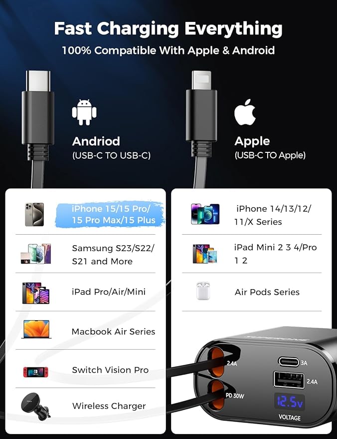 Retractable Car Charger 4 in 1, Fast Car Phone Charger with Cord 2.6ft, USB C and Apple Car Charger Adapter, Compatible with iPhone 16 15/15 Pro Max/14/13/12/11, Galaxy, Pixel