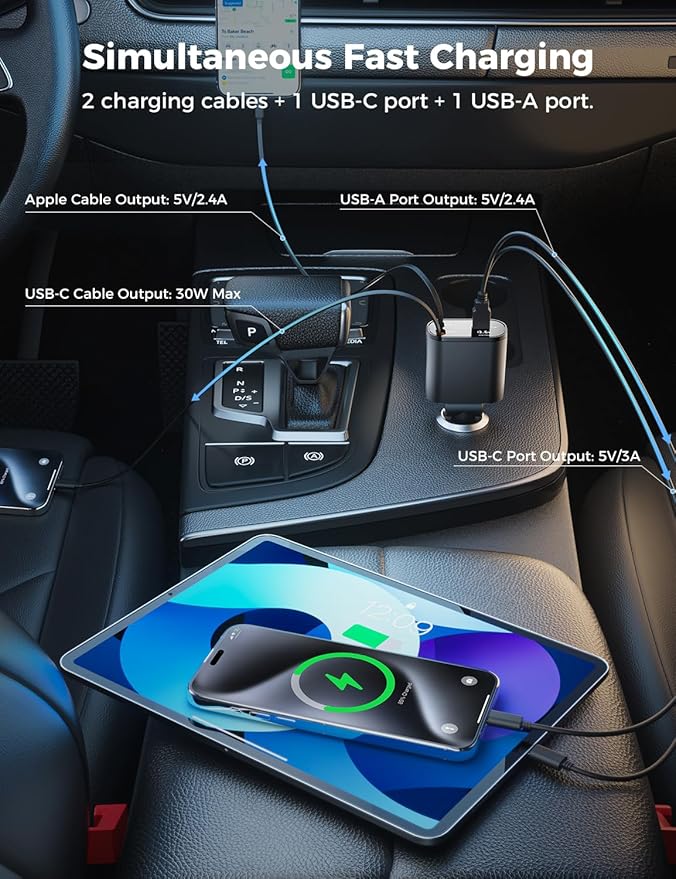 Retractable Car Charger 4 in 1, Fast Car Phone Charger with Cord 2.6ft, USB C and Apple Car Charger Adapter, Compatible with iPhone 16 15/15 Pro Max/14/13/12/11, Galaxy, Pixel