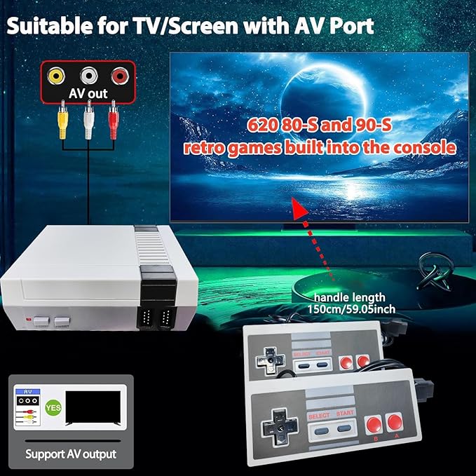 Retro Gaming Console Classic Mini - 620 Built-in Games, 2 Controllers, 8-Bit AV Output, Plug & Play, Perfect Nostalgia Gift for Kids & Adults