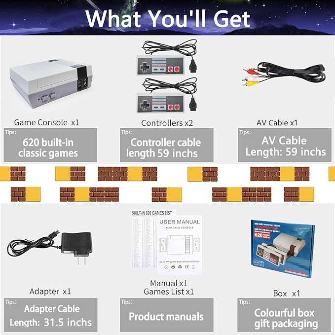 Retro Gaming Console Classic Mini - 620 Built-in Games, 2 Controllers, 8-Bit AV Output, Plug & Play, Perfect Nostalgia Gift for Kids & Adults