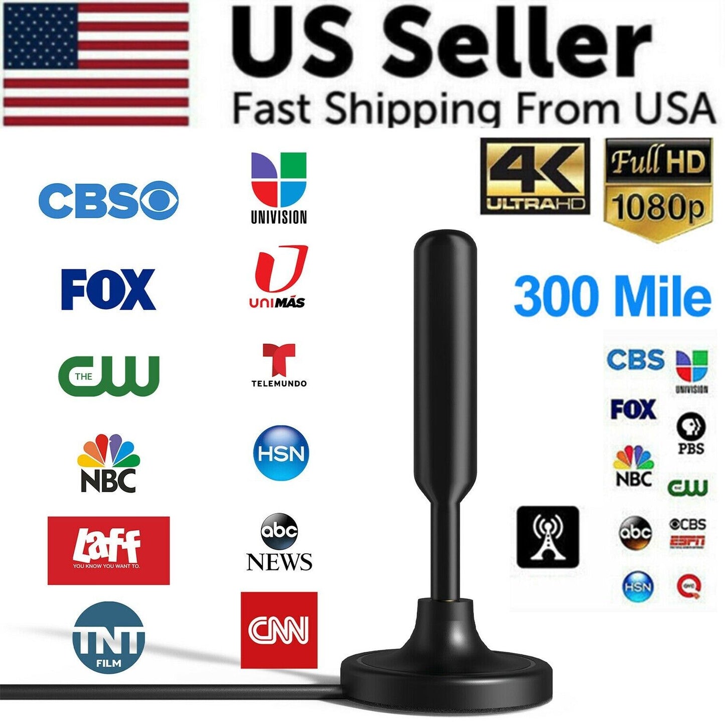 Upgraded Digital TV Antenna: 300-Mile Range, 1080P & 4K HDTV Indoor Reception