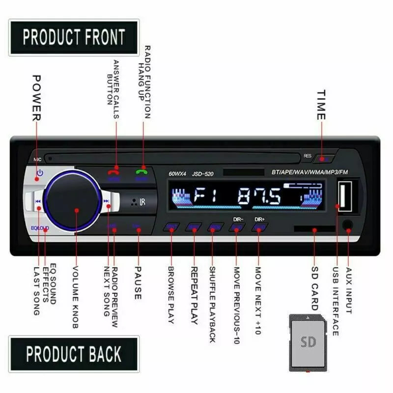 Bluetooth Car Stereo Audio SD USB MP3 Radio Player