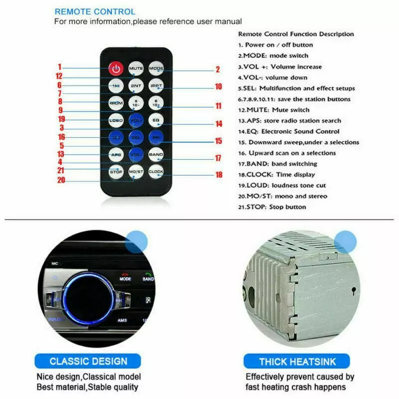 Bluetooth Car Stereo Audio SD USB MP3 Radio Player