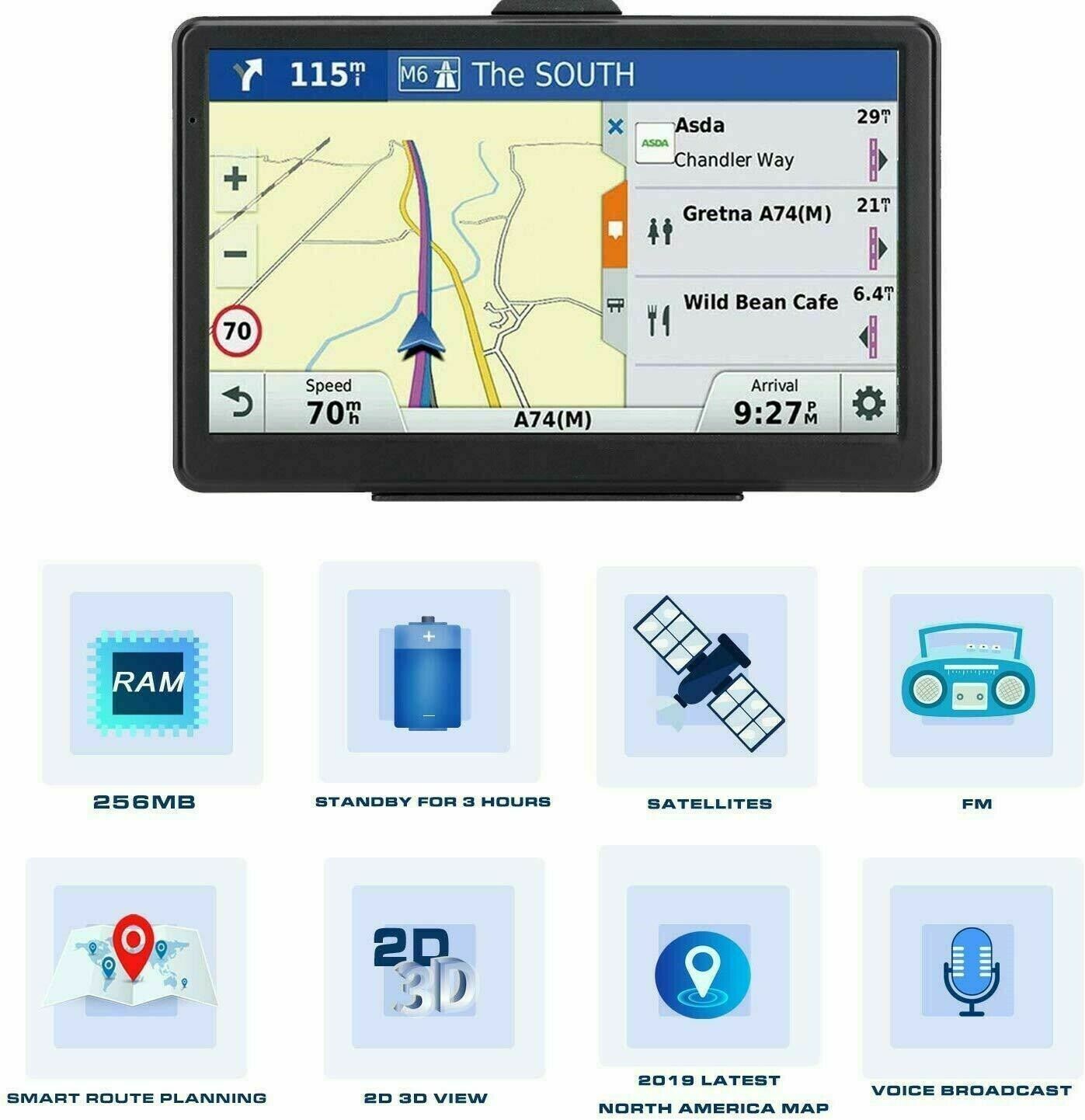 7-inch Portable Truck GPS Navigation with Free USA and Canada Maps - 8GB Storage and 256MB RAM