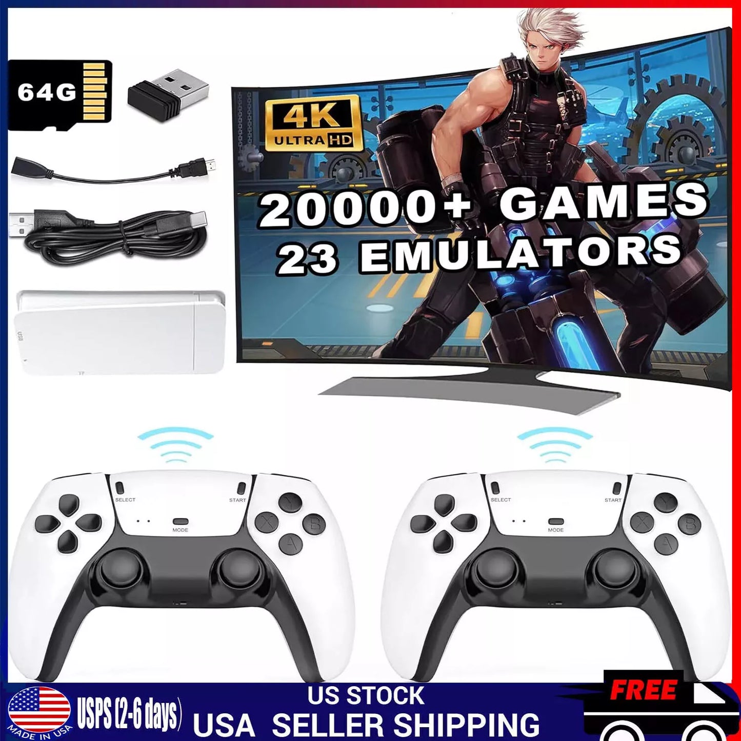 Retro Game Stick 4K – 20,000+ Classic Games, HDMI Plug & Play Console + 2 Wireless Controllers