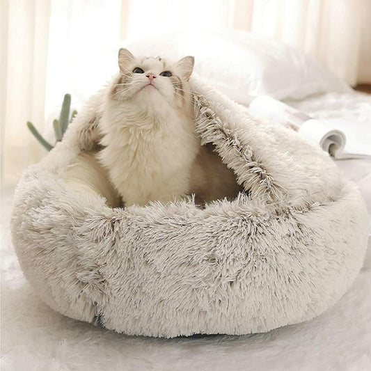 Soft Hooded Plush Pet Bed for Cats and Dogs