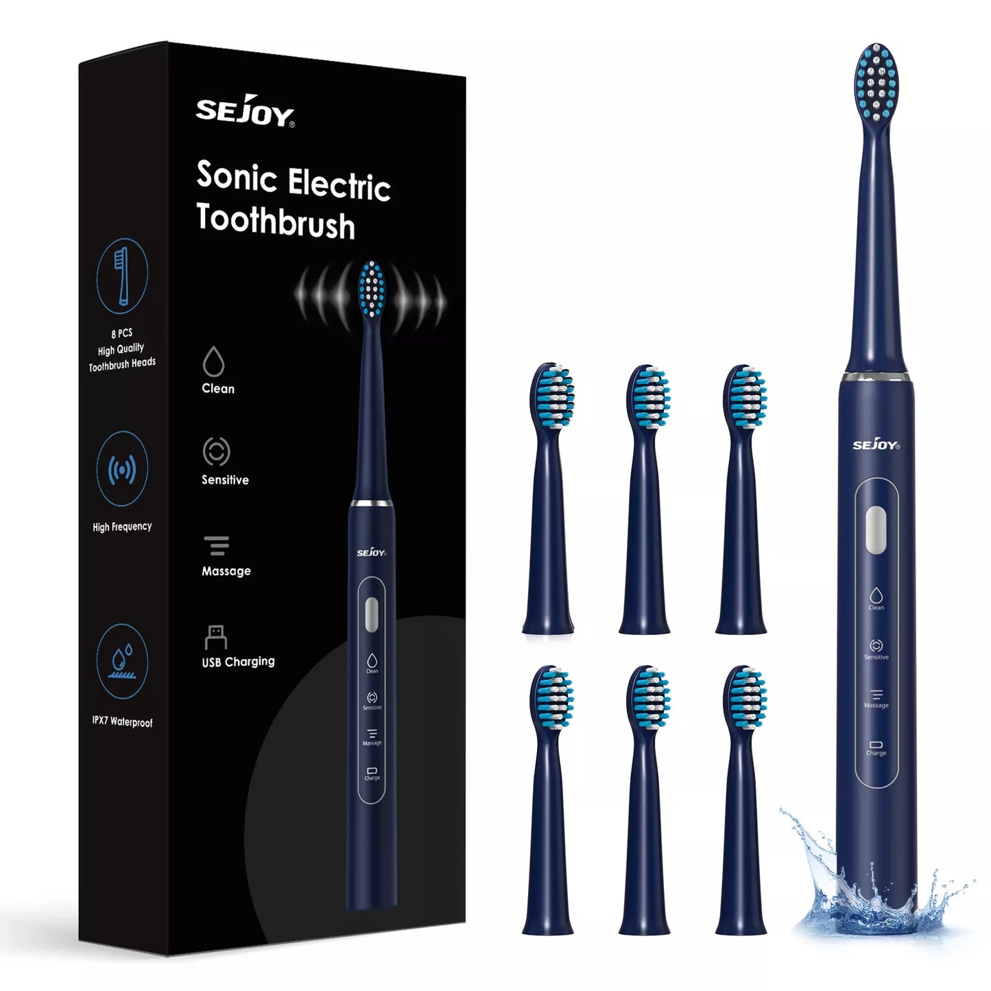 Sonic Electric Toothbrush — 30,000 Vibrations/Min, 3 Modes, 7 Brush Heads, IPX7 Waterproof, Smart Timer, USB Rechargeable