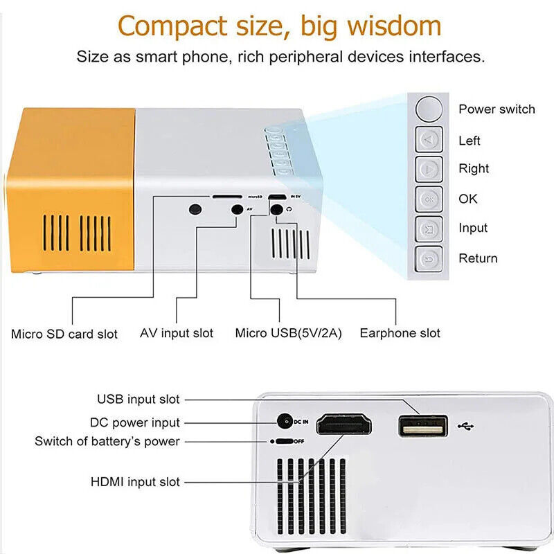 Mini Portable Projector 1080P LED Pico Video Projector for Home Theater Movie