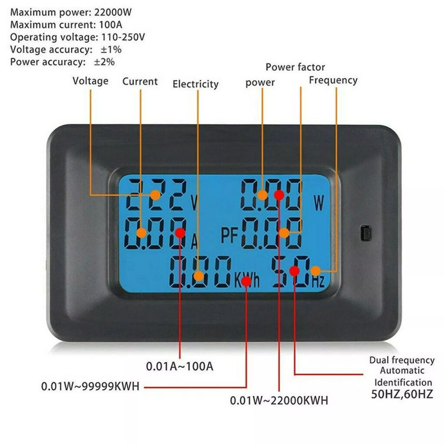 AC Power Meter with LCD Display & Current Transformer – 110V-250V, 100A, Overload Alarm & Energy Monitoring