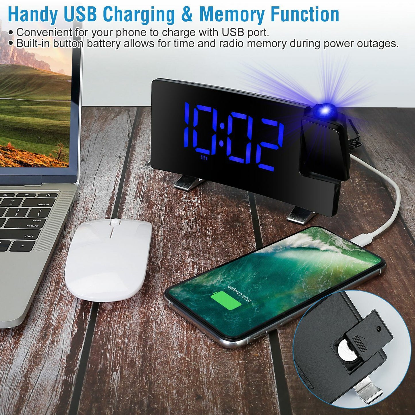 Rotatable Digital LED Projector Clock with Dual Alarms, FM Radio & USB Charging
