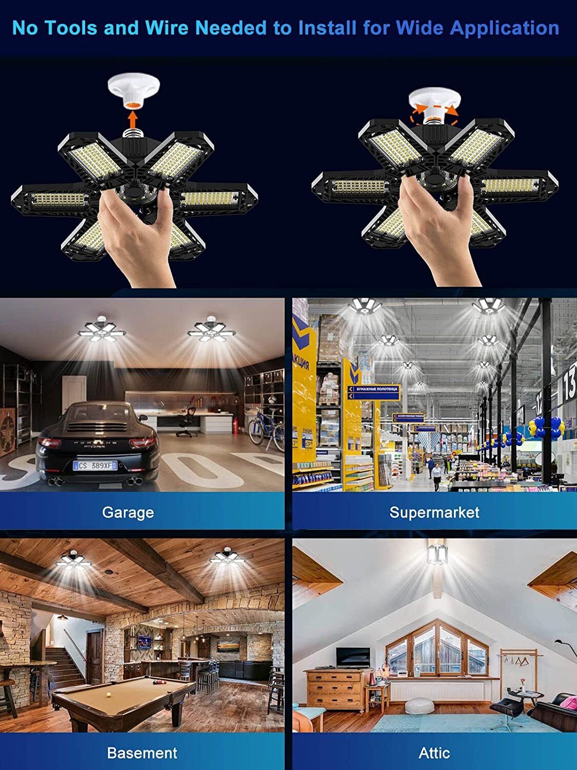 Bright 100W LED Garage Lights Deformable 100000lm Bulb