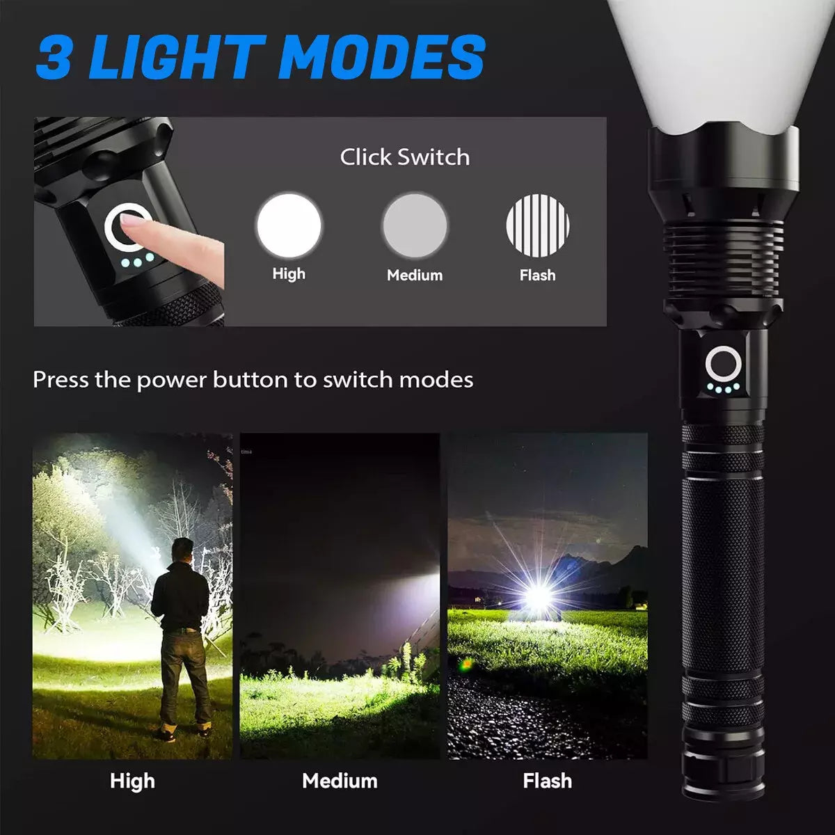 Super Bright LED Flashlight – XHP50.2, USB-C Rechargeable, 1000M Beam, Waterproof