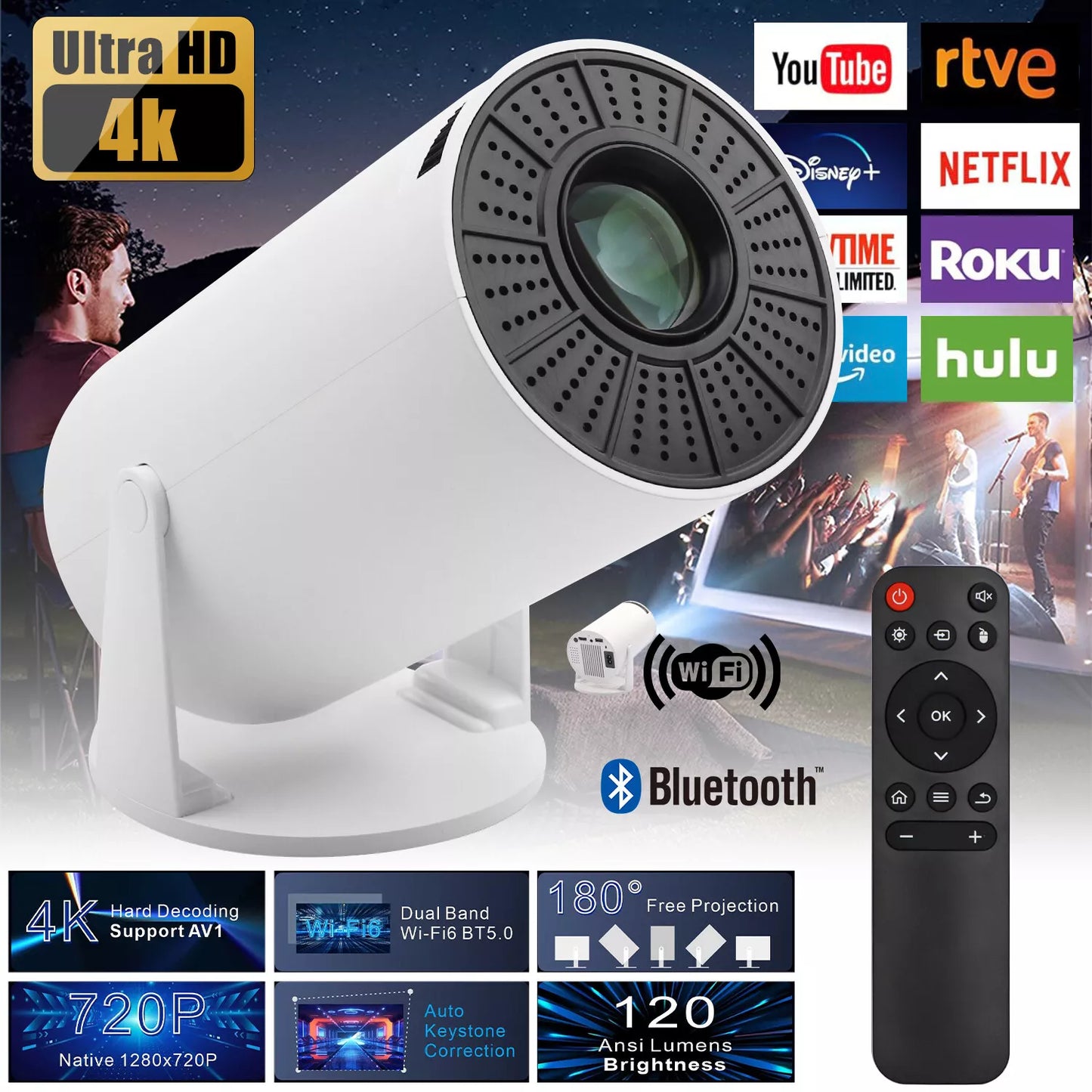 4K Mini Projector – 10000 Lumen LED, 1080P Support, WiFi & Bluetooth, Portable Home Theater