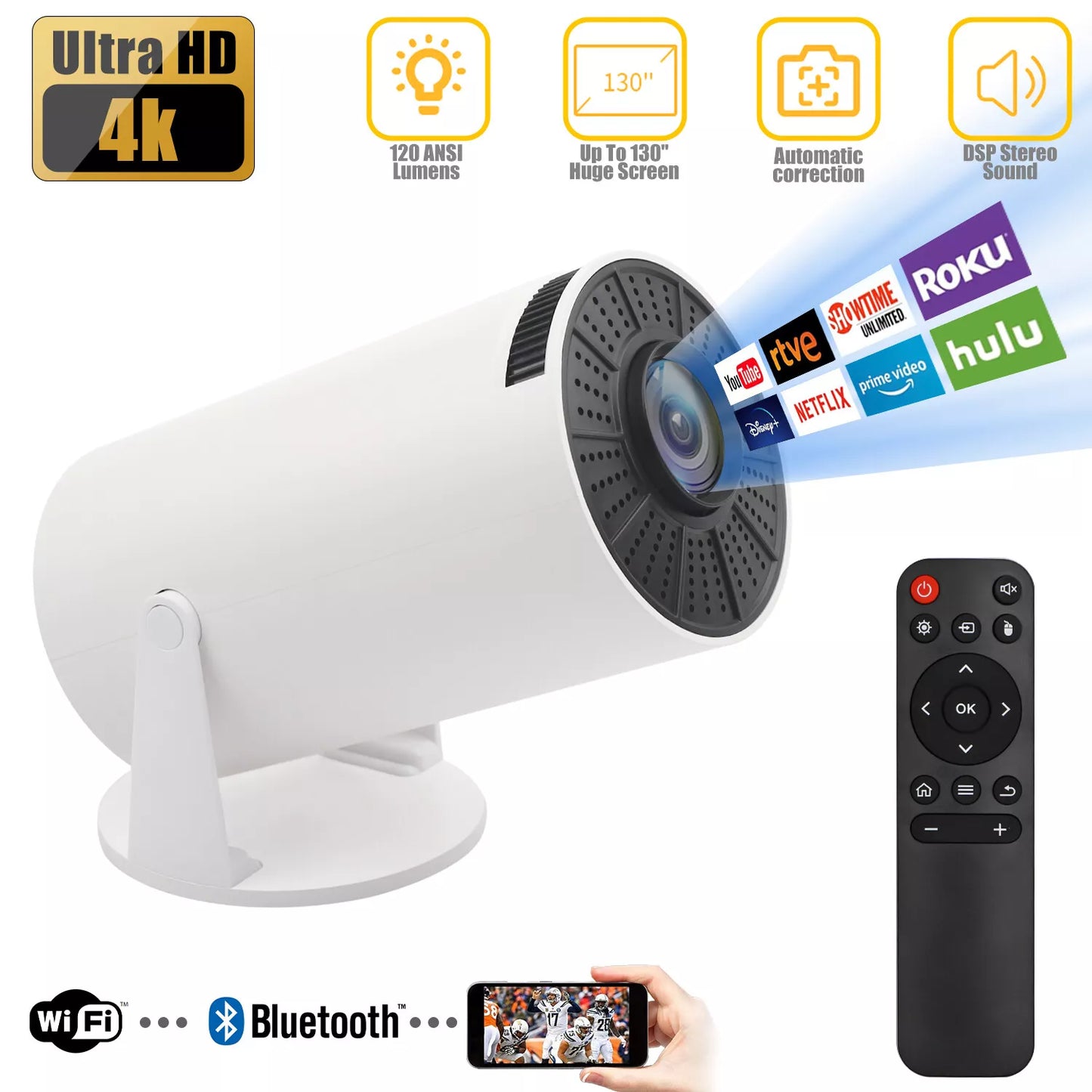 4K Mini Projector – 10000 Lumen LED, 1080P Support, WiFi & Bluetooth, Portable Home Theater